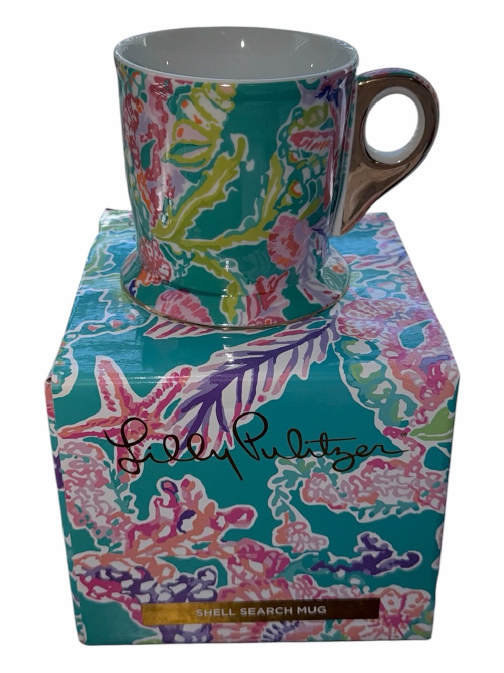 Lilly Pulitzer Shell Search Mug - Turquoise Floral Pink & Purple Accents